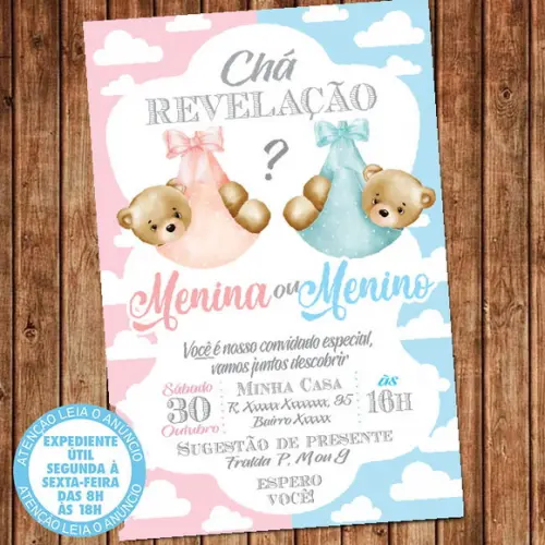 Convite Chá Revelação Ursinho Urso Digital