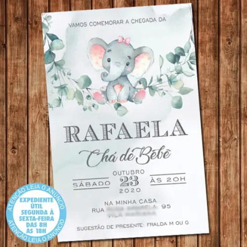 Convite Chá de Bebê Elefantinho Chá Fraldas Elefante Digital