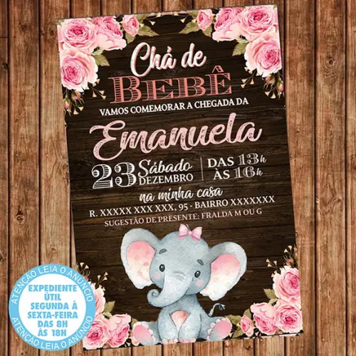 Convite Chá de Bebê Elefantinho Chá Fraldas Elefante Digital