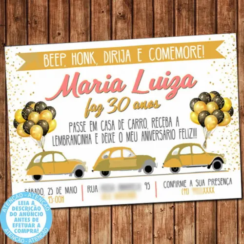 Convite Carreata Drive-Thru Quarentena Aniversário Digital