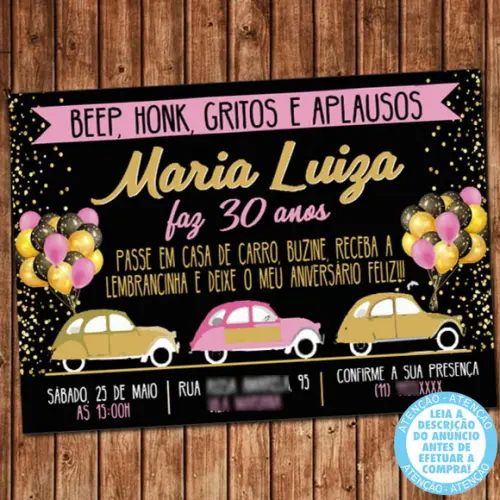 Convite Carreata Drive-Thru Quarentena Aniversário Digital