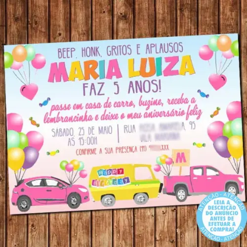 Convite Carreata Drive-Thru Quarentena Aniversário Digital