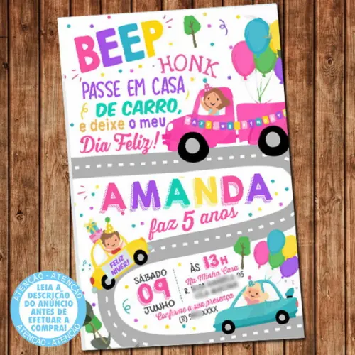 Convite Carreata Drive-Thru Quarentena Aniversário Digital