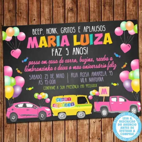 Convite Carreata Drive-thru Festa Aniversário Quarentena