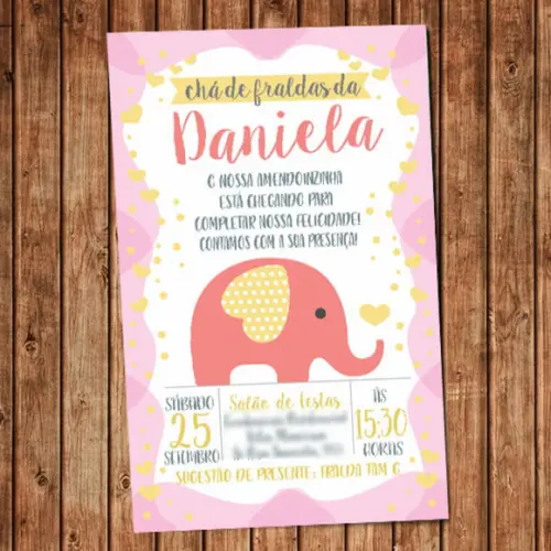 Convite Elefante Chá de Fraldas Elefantinho Digital Rosa