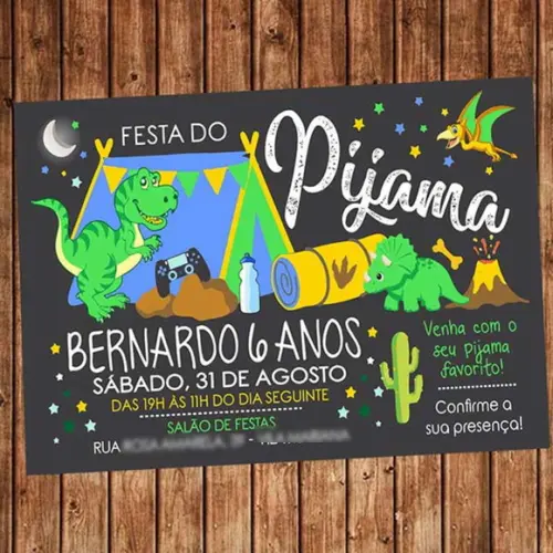 Convite Festa do Pijama Dinossauro Aniversário Digital