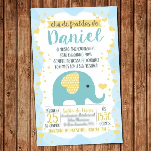 Convite Elefante Chá de Fraldas Elefantinho Digital Azul