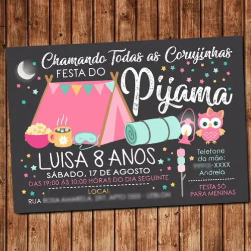 Convite Festa do Pijama Coruja Aniversário Digital