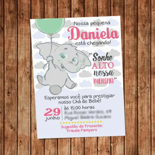 Convite Elefante Balão Digital Chá de Bebê