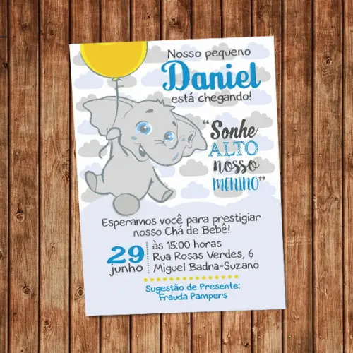 Convite Elefante Balão Chá de Bebê Elefantinho Digital