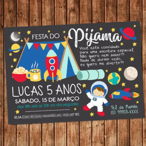 Convite Festa do Pijama Astronauta Digital Aniversário