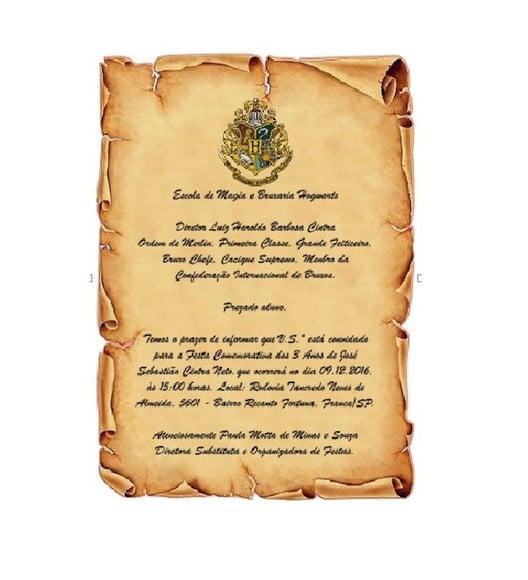 Arquivo Digital Convite Pergaminho Harry Potter