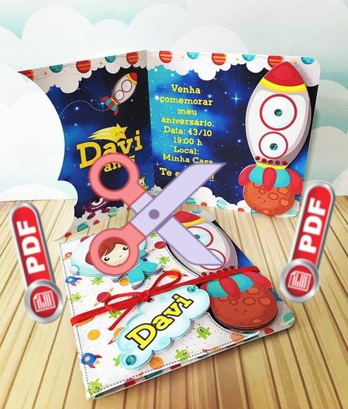 Convite Infantil Festinha Astronauta - Arquivo pdf / Tesoura