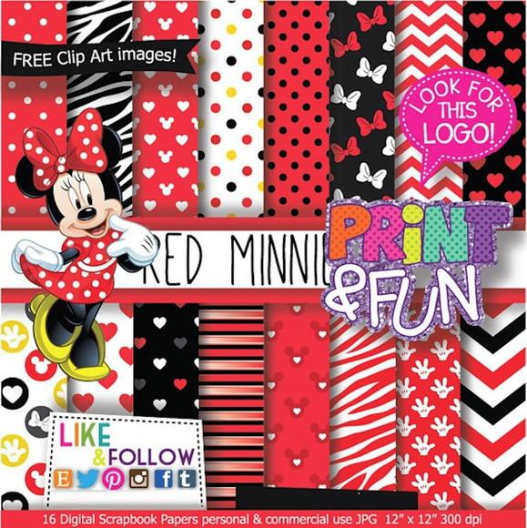 Kit Papel Digital Scrapbook Minnie Vermelha