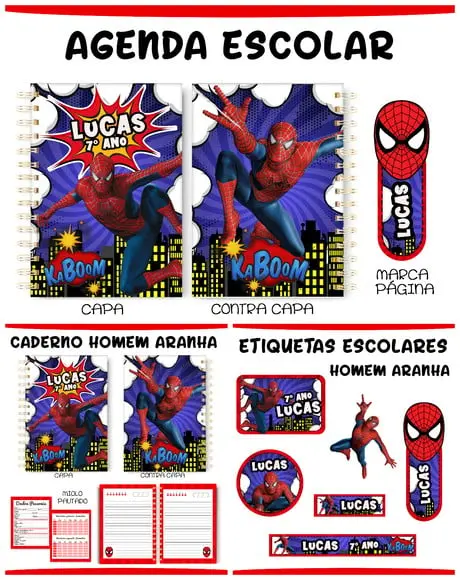 Arquivo de Corte Etiquetas e Agenda Escolar Homem Aranha