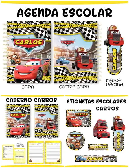 Arquivo de Corte Etiquetas e Agenda Escolar Carros