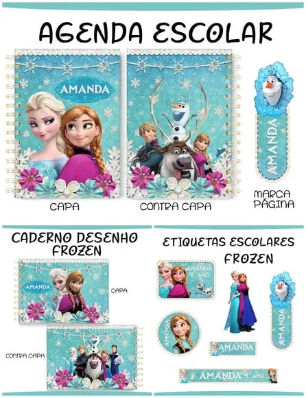 Etiquetas e Agenda Escolar Frozen com Miolo Arquivo de Corte