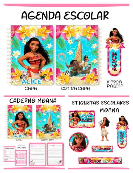 Arquivo de Corte Etiquetas e Agenda Escolar Moana