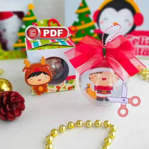 Arquivo pdf Caixa Esfera 7cm Natal Crianças Corte Tesoura