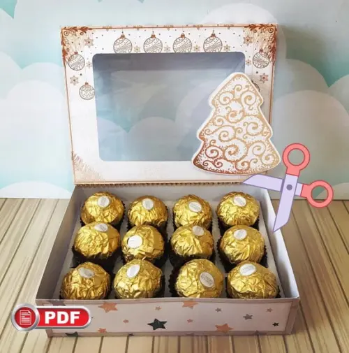 Arquivo pdf Caixa para 12 Doces Natal da Mamãe Tesoura