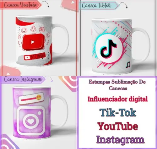 Kit 03 Estampas Canecas Instagram, Tik-Tok, YouTube