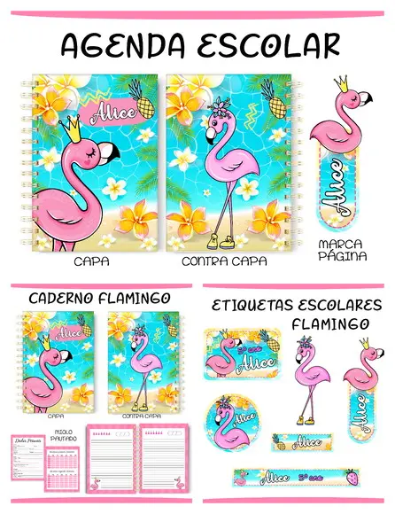 Arquivo de Corte Etiquetas e Agenda Escolar Flamingo