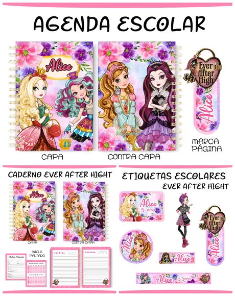 Arquivo de Corte Etiquetas e Agenda Escolar Ever After Hight