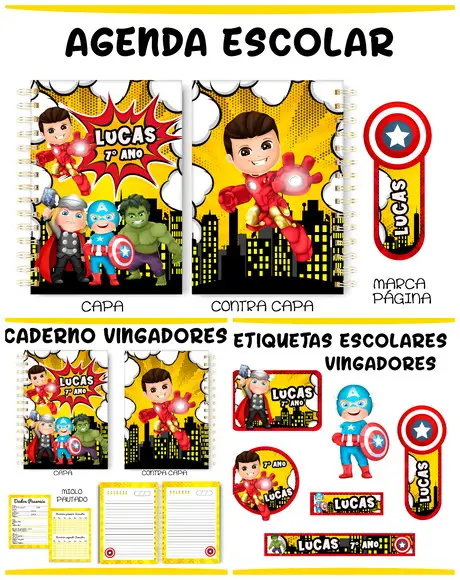 Arquivo de Corte Etiquetas e Agenda Escolar Vingadores