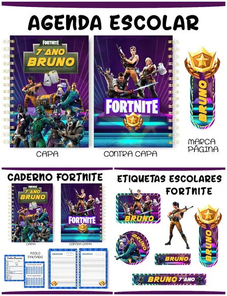 Arquivo de Corte Etiquetas e Agenda Escolar Fortnite