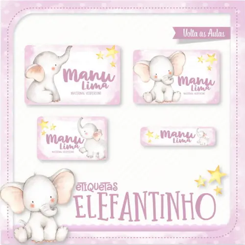 Arquivo de Corte Etiqueta Escolar Elefantinho Rosa