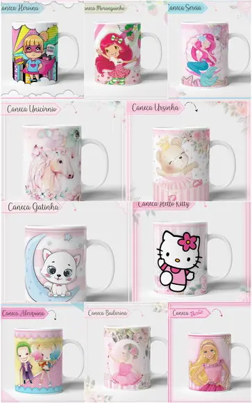 Kit 10 Estampas para Canecas Meninas PDF PNG