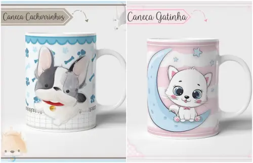 Estampa Canecas Cachorrinho e Gatinha PDF PNG