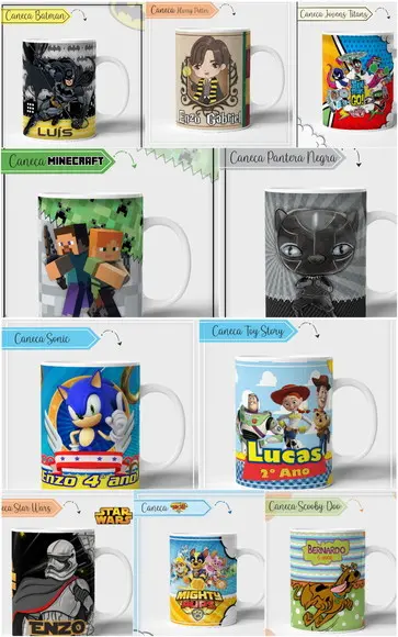 Kit 10 Estampas para Canecas Meninos PDF PNG