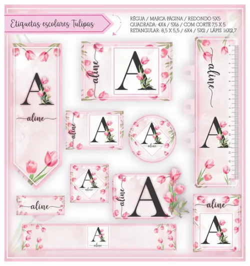 Arquivo Silhouette Kit Etiquetas e Agenda Escolar Tulipas