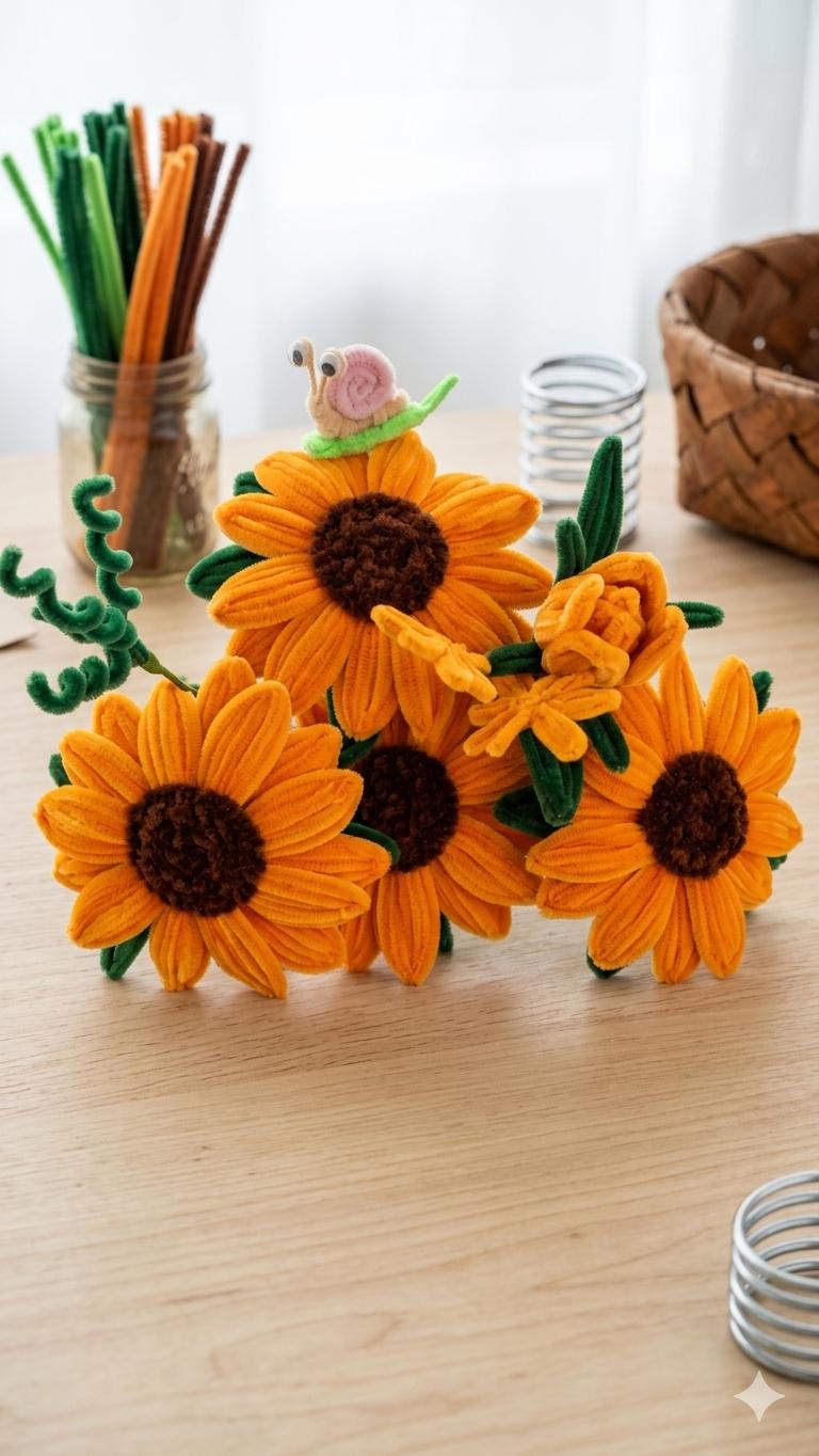 Girassóis em haste de chenille