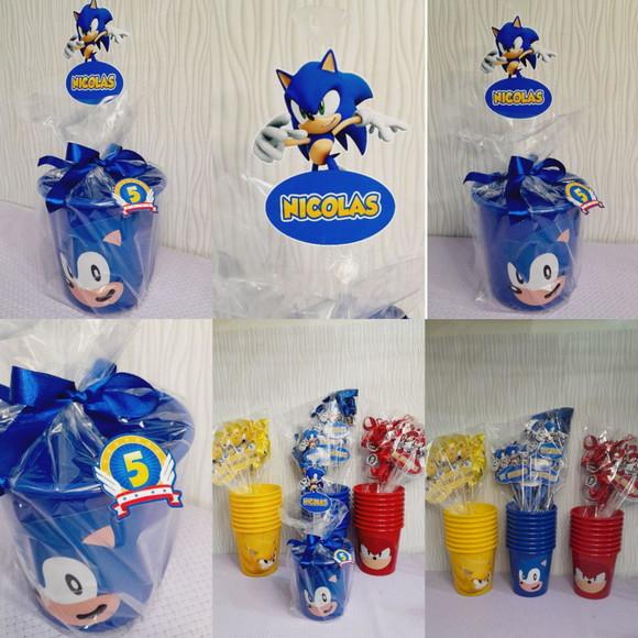 Centro de Mesa Balde de Pipoca com Pega Balão - Sonic