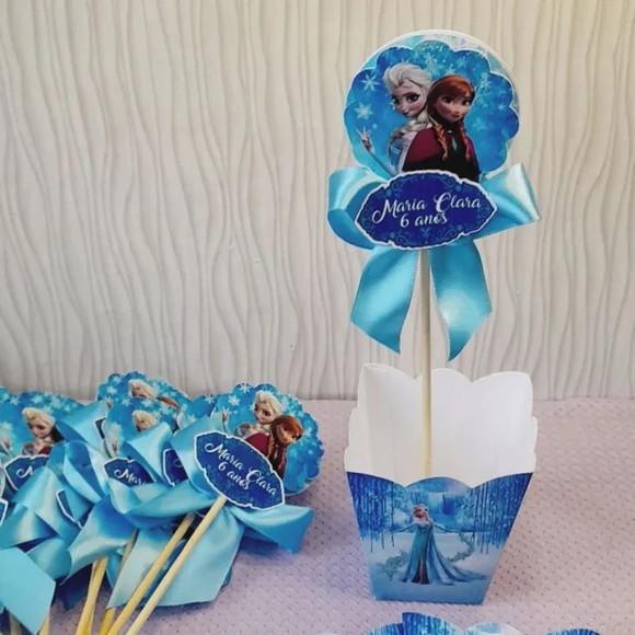 Kit com 15 Centro de Mesa - Cachepô Frozen com Laço