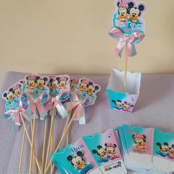 Kit10 Cachepô Centro Mesa Luxo Chá Revelação Mickey e Minnie