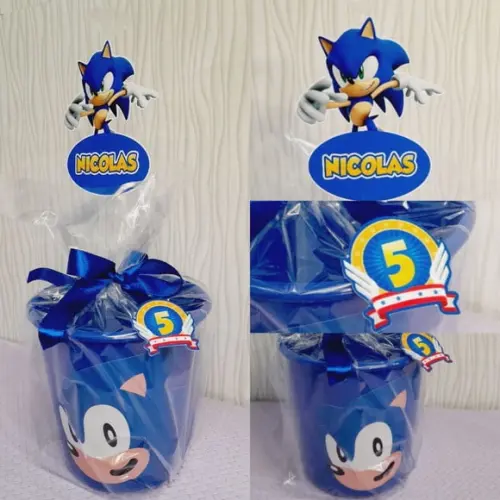 Centro de Mesa Balde de Pipoca com Pega Balão - Sonic