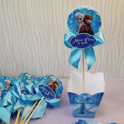 Kit com 15 Centro de Mesa - Cachepô Frozen com Laço
