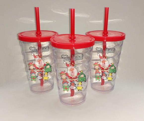 Copo com Canudo 500ml Personalizado de Natal Novo