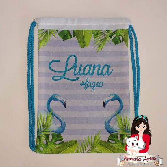 Mochila de Tecido Personalizada Tema Flamingo Azul