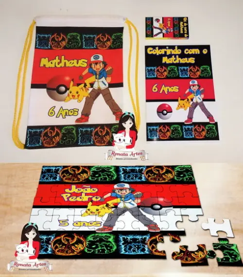 Kit Colorir na Mochila + Quebra Cabeça Pokemon