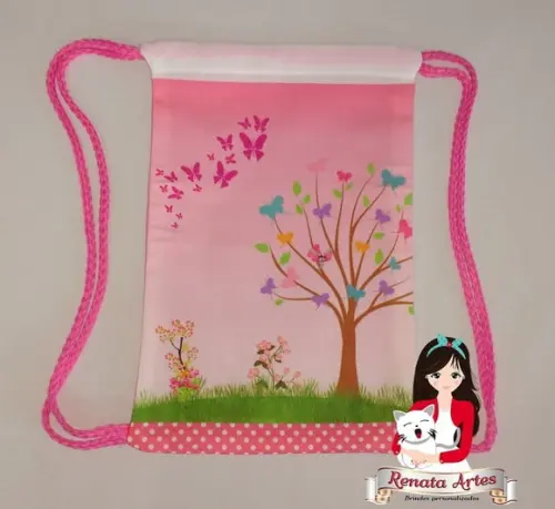 Mochila de Tecido Personalizada Jardim Borboletas Rosa
