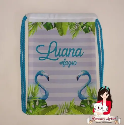 Mochila de Tecido Personalizada Tema Flamingo Azul