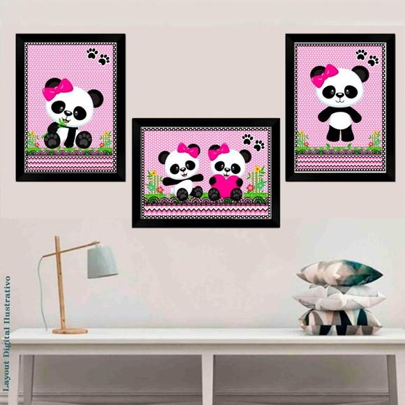 3 Quadros Panda Rosa - 1062 Arquivo Digital
