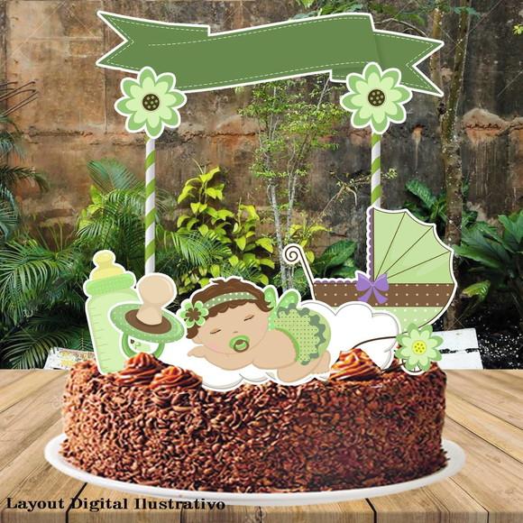 Topo de Bolo Cha de Bebe Verde - 0623 Arquivo Digital