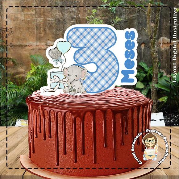 Topo de Bolo Elefante Azul 3 Meses - 4425 Arquivo Digital