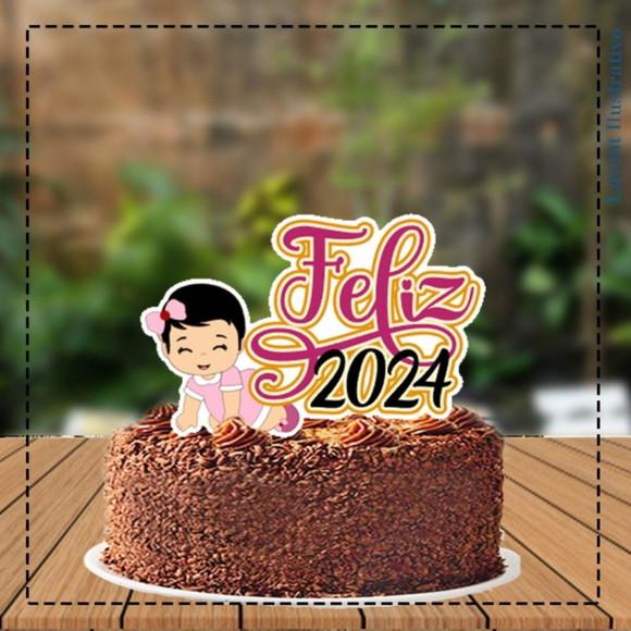 Topo de Bolo Feliz 2024 Menina - Ref 5333 Arquivo Digital