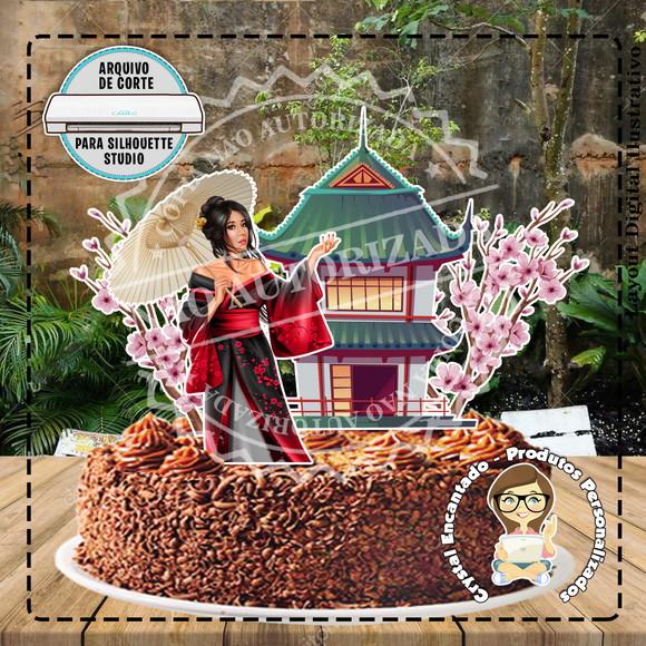 Topo de Bolo Japonesa Mulher Vermelha - 4239 Arquivo Digital
